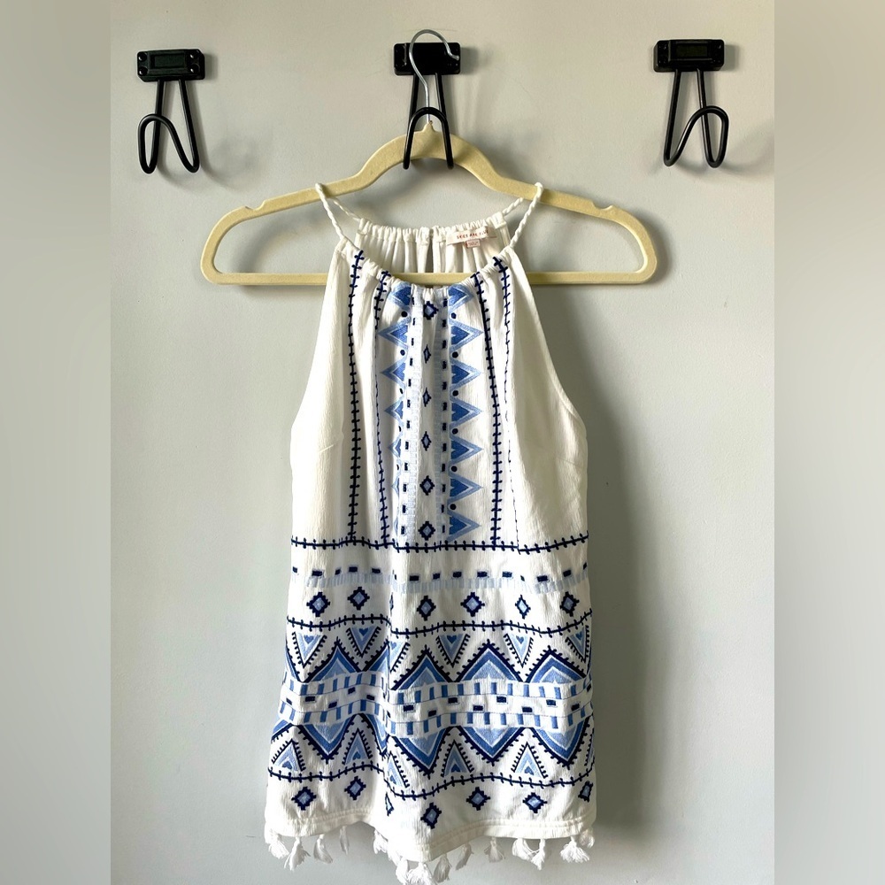 Skies Are Blue, Small, women’s blue and white patterned boho halter fringe top